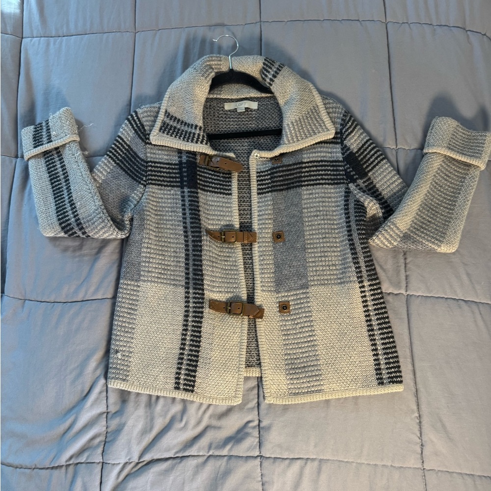 LOFT Black and  Blue and White Sweater. With brown leather decorative snaps